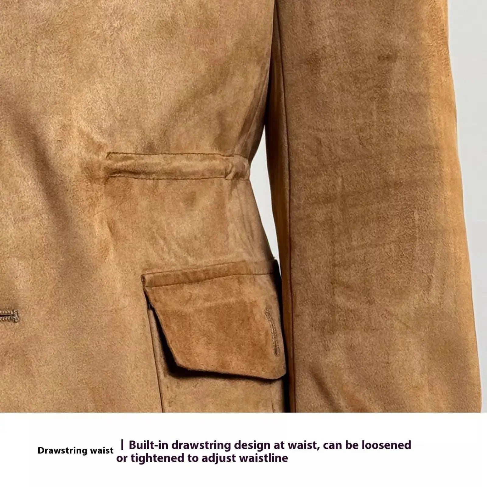Men suede velvet jacket in olive green with tan suede blazer featuring drawstring waistband and flap pockets