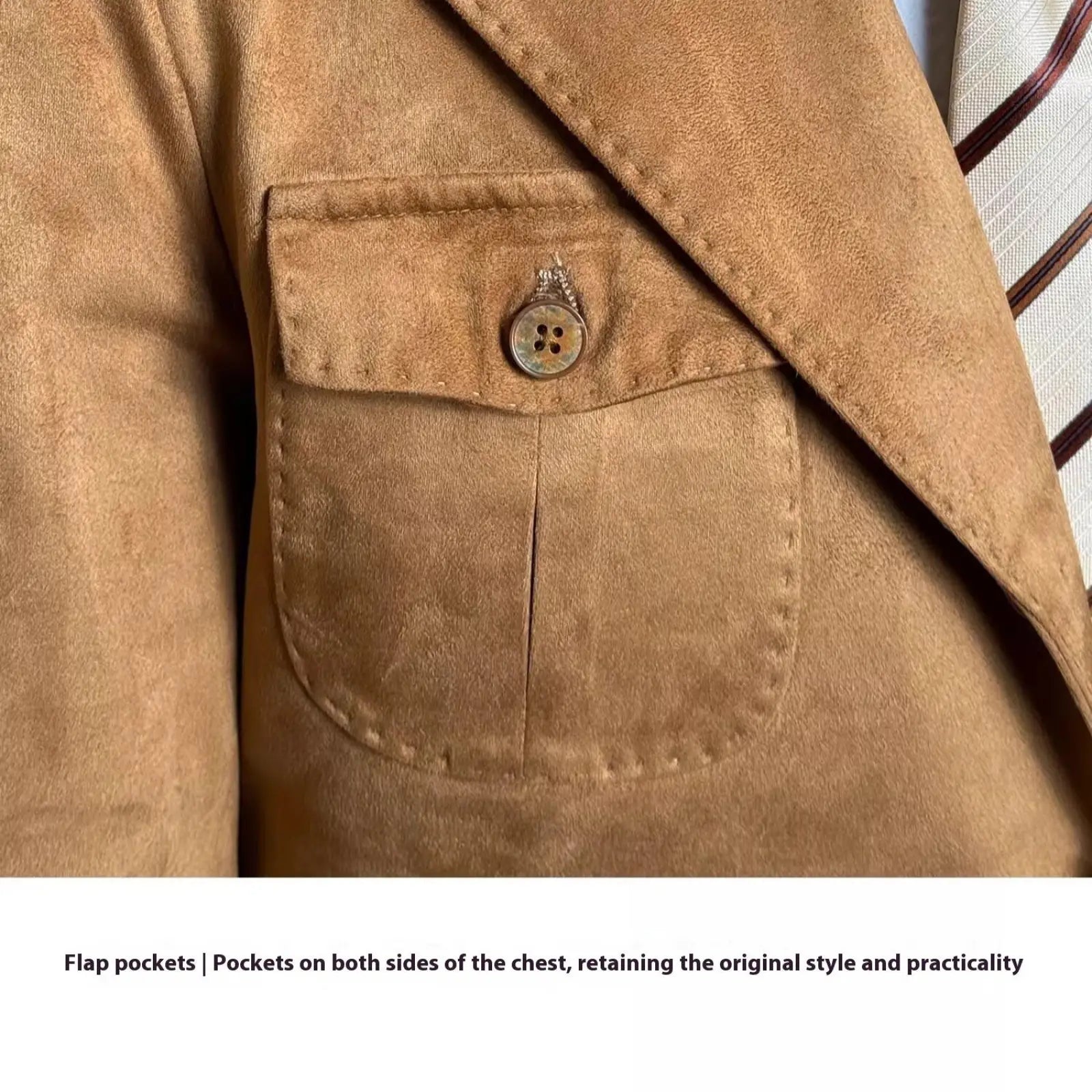 Men suede velvet jacket in olive green with tan suede flap pocket and metallic button for retro spring style
