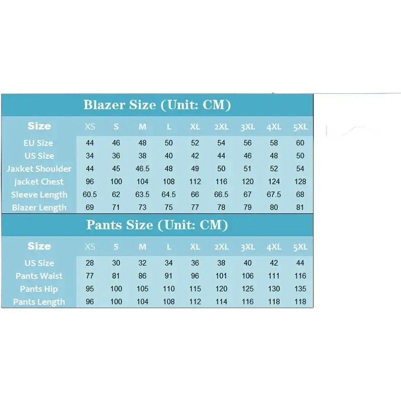 Men suits slim fit peak lapel wedding tuxedo blazer and pants size chart with body size measurements in centimeters and closure type details