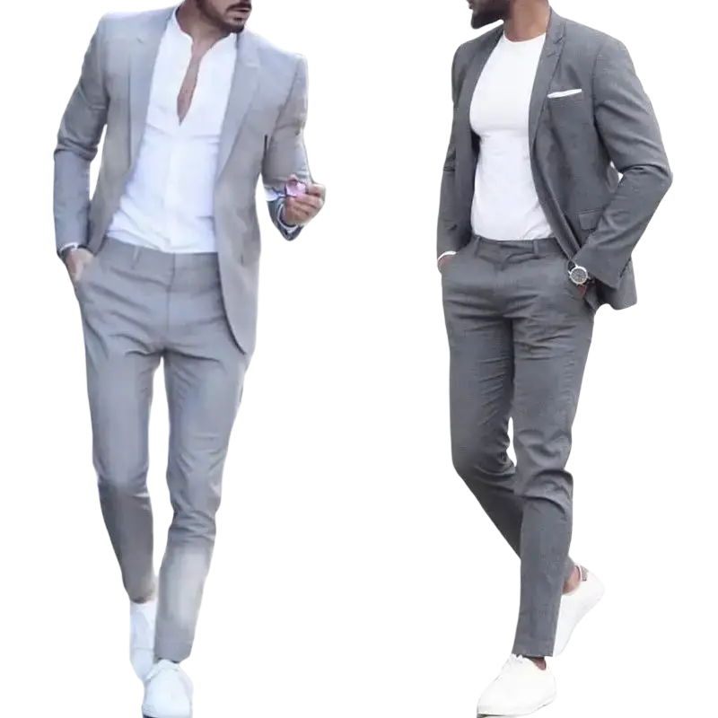 Gray men suits slim fit peak lapel wedding tuxedo set with tailored blazer and matching trousers for modern body size closure