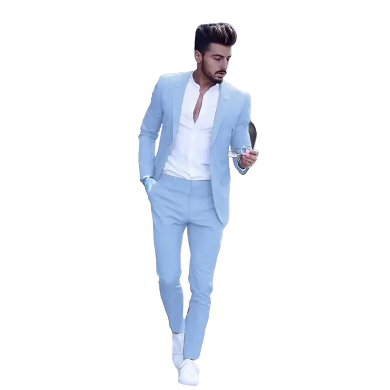A light blue slim fit men suit with peak lapel closure worn over a white button-up shirt for wedding tuxedo use