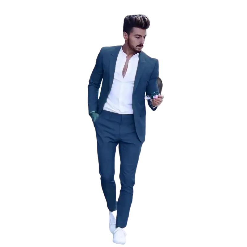 Navy blue slim fit men suits with peak lapel and button closure type tailored for wedding and formal body size