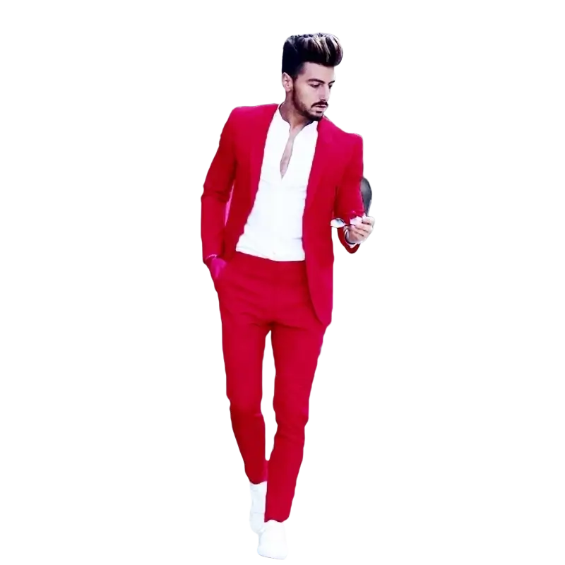 A striking red men suit slim fit peak lapel wedding tuxedo with modern cut and matching trousers for various body sizes