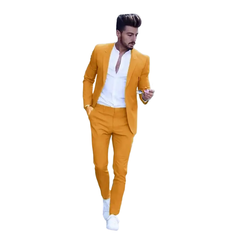 Men suits sharp mustard-yellow slim fit peak lapel wedding tuxedo with matching trousers and button closure type for body size