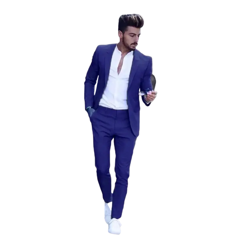 A sharp navy blue men suit slim fit wedding tuxedo with peak lapel and modern closure type for a tailored body size
