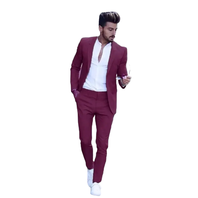 A sharp tailored burgundy men suit with slim fit peak lapel and matching trousers suitable for wedding tuxedo closure type