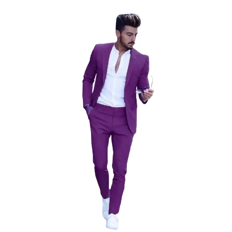 A sharp tailored purple men suit slim fit peak lapel wedding tuxedo with matching blazer and trousers closure type is button