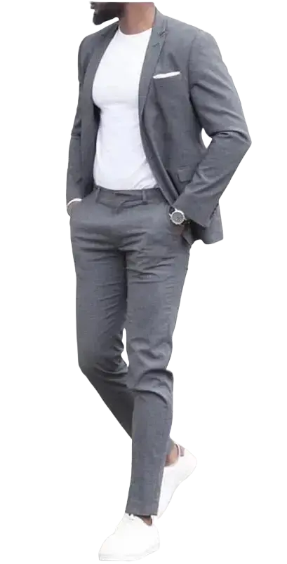Men suits slim fit peak lapel wedding tuxedo in charcoal gray with subtle texture and button closure type for slim body size