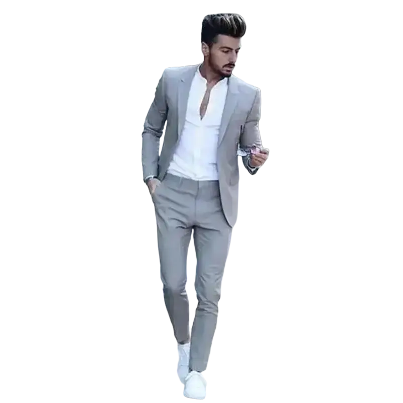 A sleek gray men suit with slim fit peak lapel and subtle texture featuring modern closure type for various body sizes