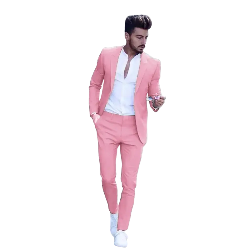 A stylish man wears a slim fit pink men suit with peak lapel and button closure for wedding and formal occasions