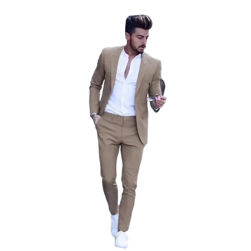 A stylish tan men suits slim fit wedding tuxedo with peak lapel blazer and smooth fabric trousers tailored to body size