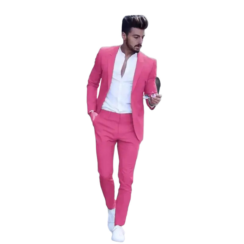 A vibrant pink men suit slim fit peak lapel wedding tuxedo with matching tailored blazer and trousers over white shirt