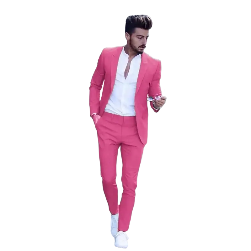 A vibrant pink men suit slim fit peak lapel wedding tuxedo with matching blazer and trousers over white shirt closure type tailored for body size