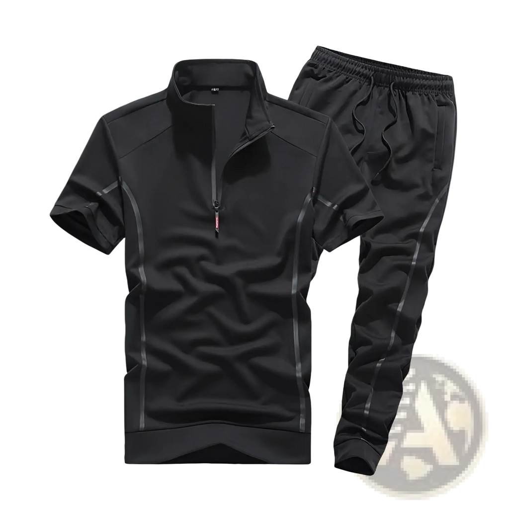 Black men summer athletic two-piece set with short sleeve zip neck top and drawstring pants with gray piping