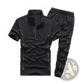 Black men summer athletic two-piece set with short sleeve zip neck top and drawstring pants with gray piping
