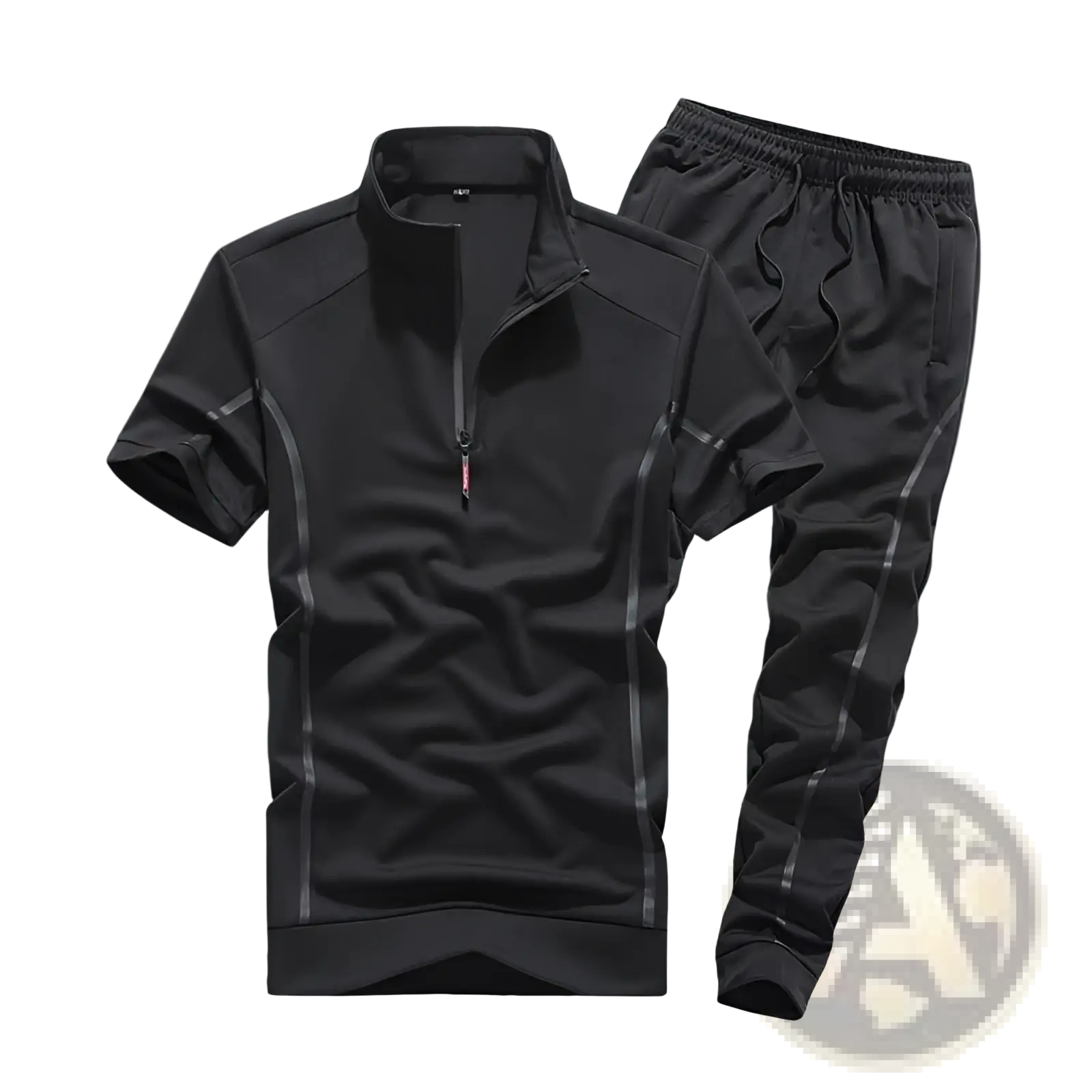 Black men summer athletic two-piece set with short sleeve zip neck top and drawstring pants with gray piping