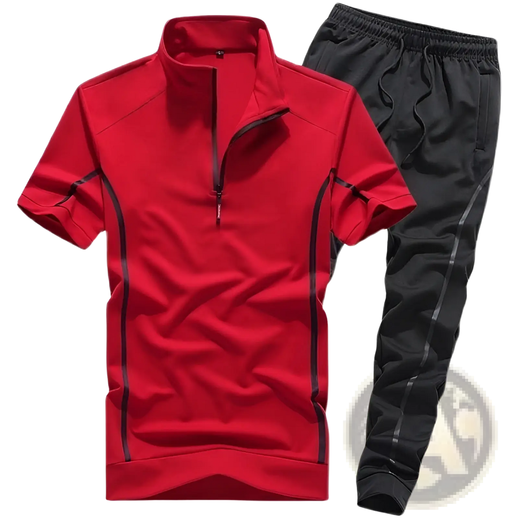 Men summer athletic short sleeve two piece set featuring a red short-sleeved top with black zipper and trim details