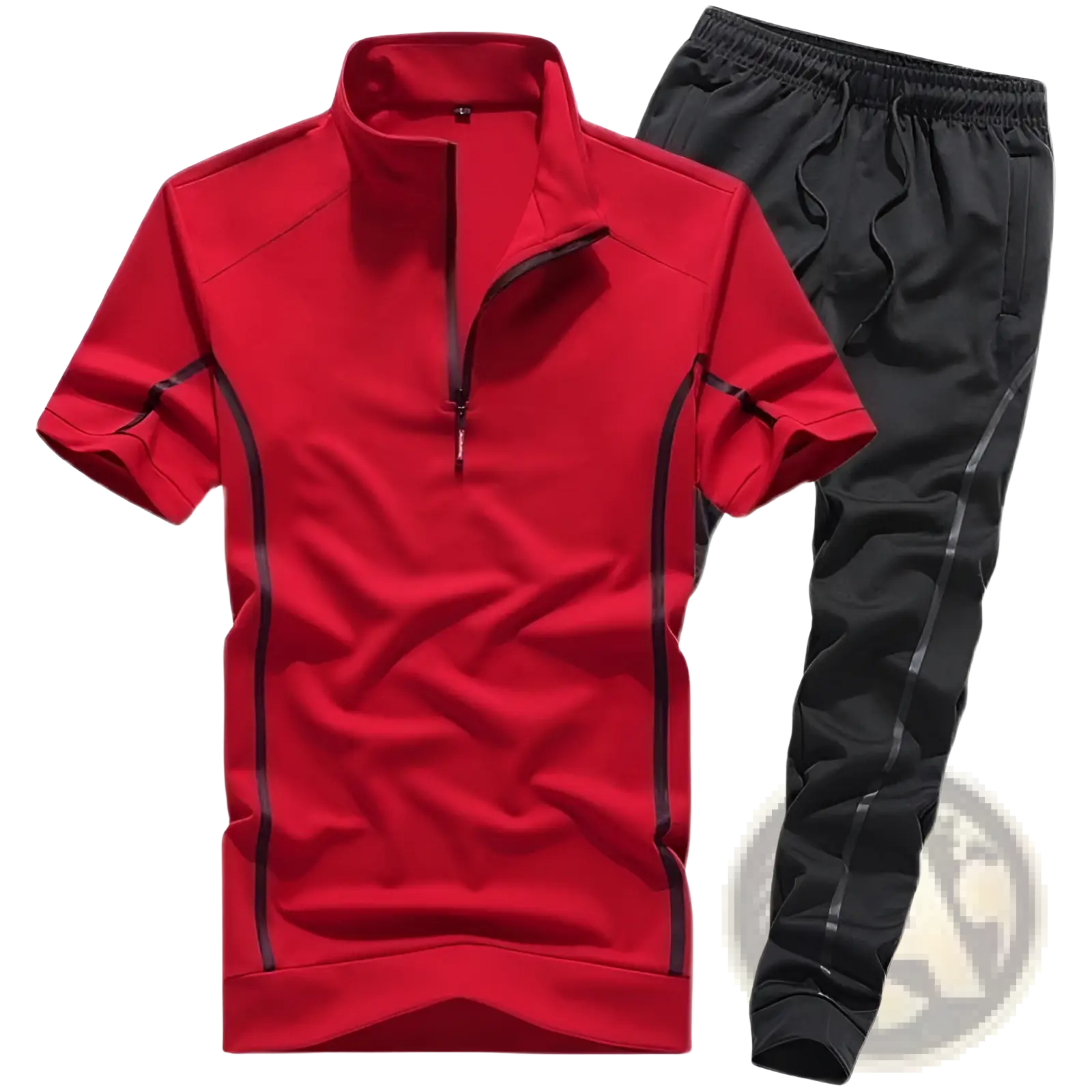 Men summer athletic short sleeve two piece set featuring a red short-sleeved top with black zipper and trim details