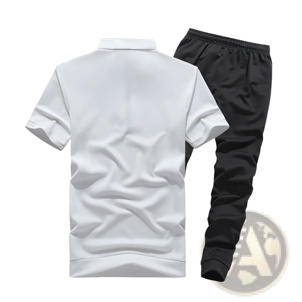 Men summer athletic two piece set featuring a white short-sleeved polo shirt with collar and black athletic pants