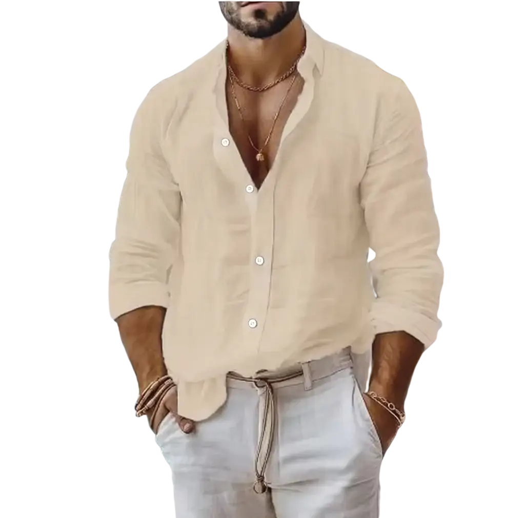 Beige linen single breasted men summer beach cotton shirt with rolled sleeves and white buttons for summer beach style