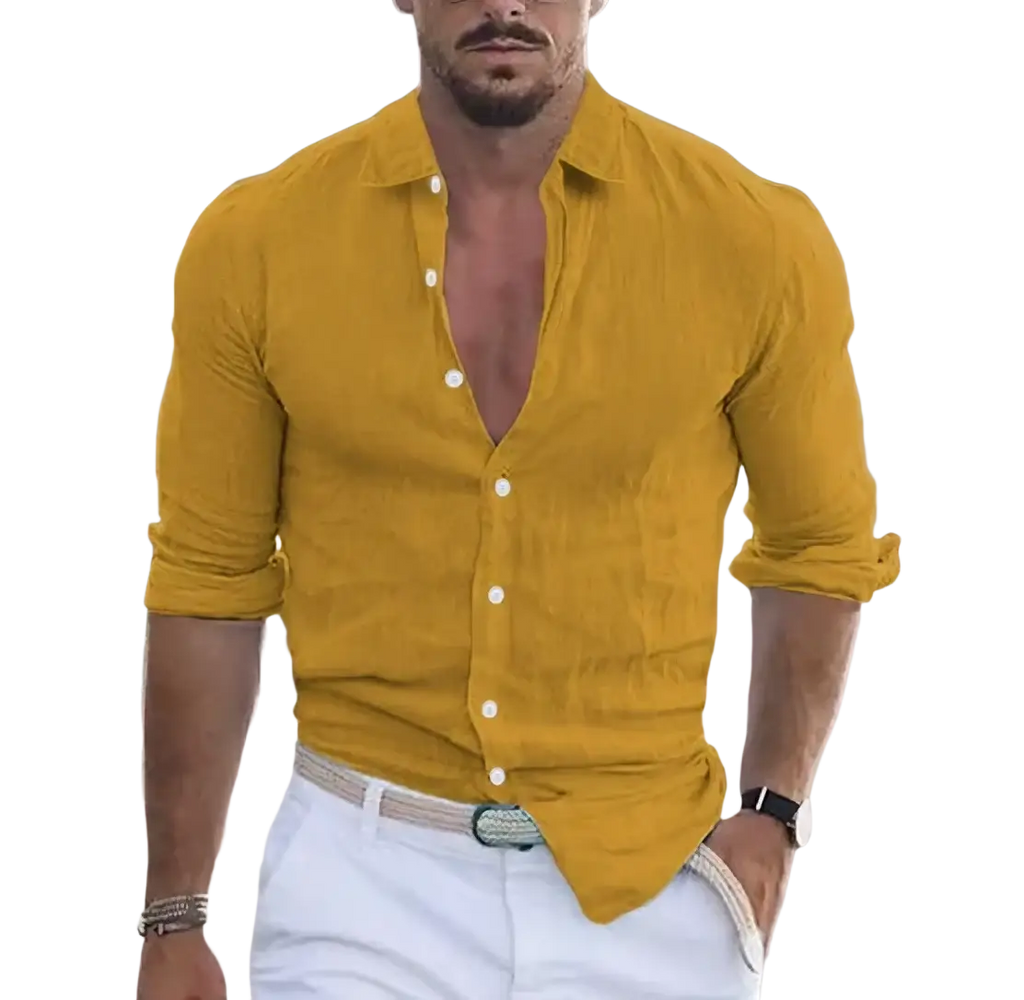 A mustard-yellow men summer beach cotton shirt with single breasted design and relaxed fit with rolled cuffs