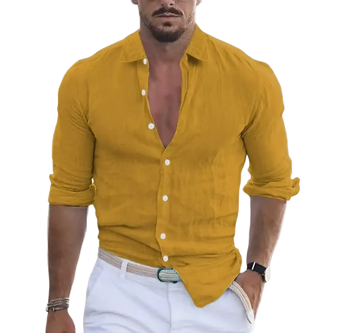 A mustard-yellow men summer beach cotton shirt with single breasted design and relaxed fit with rolled cuffs