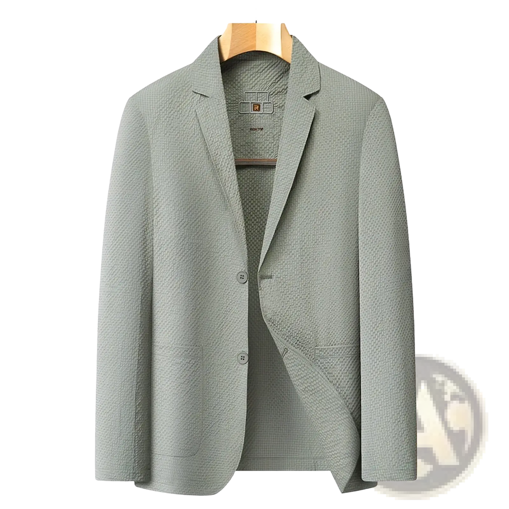Men summer casual light green textured blazer jacket with a subtle woven pattern and two front buttons