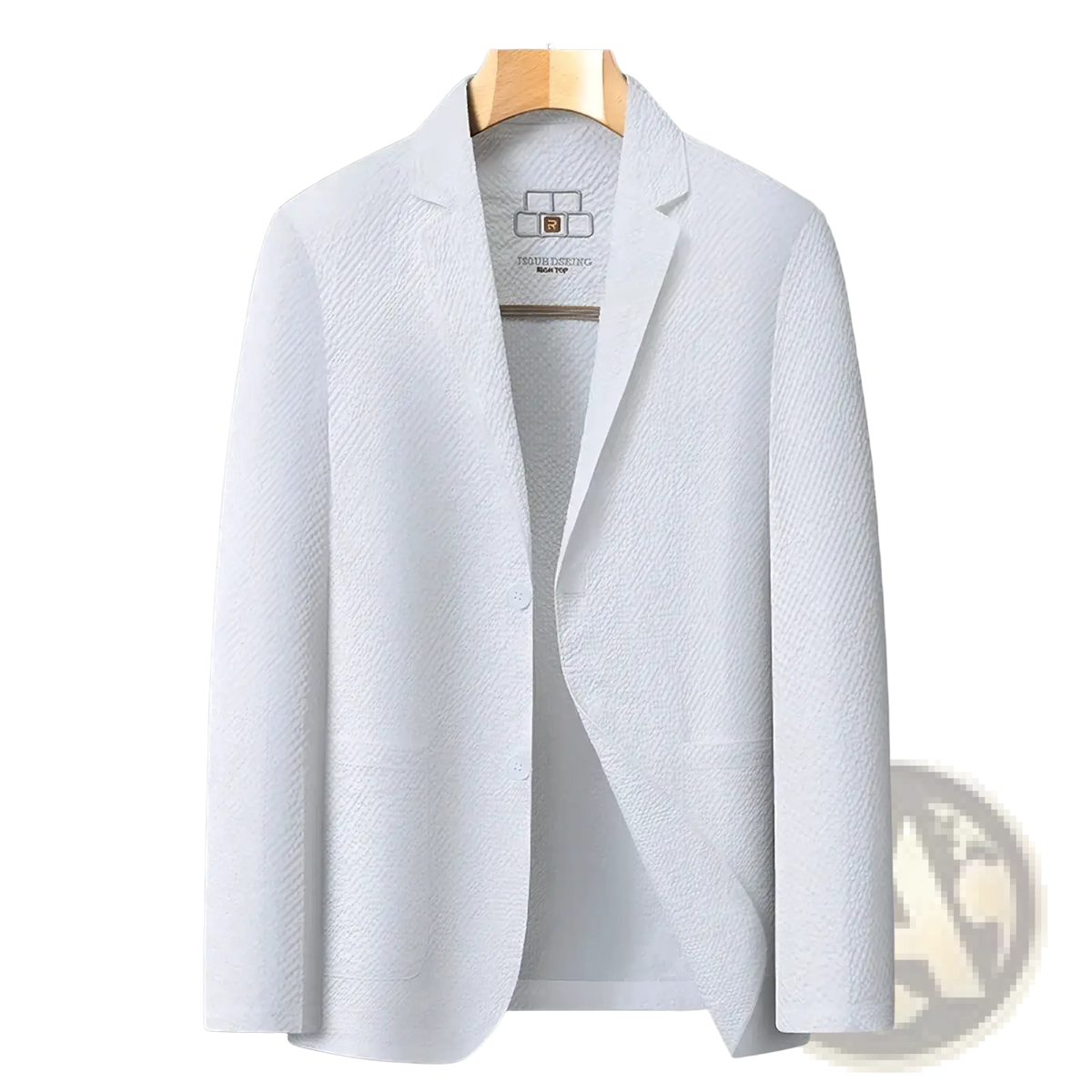 Men summer casual white textured blazer jacket with subtle woven pattern hanging on wooden hanger