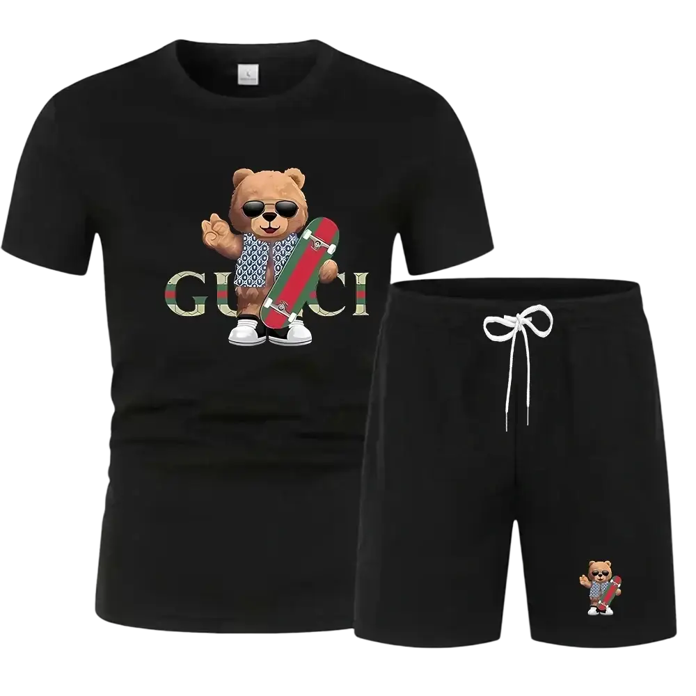 Black gucci-themed quick dry men summer sportswear set with cartoon bear graphic holding skateboard for fitness use