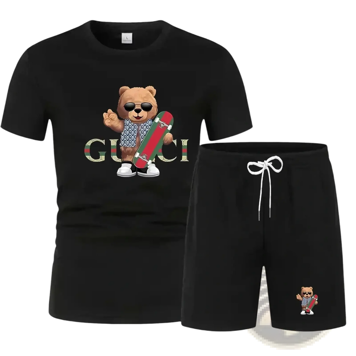 Men summer sportswear set in black featuring quick dry fabric with Gucci-themed cartoon bear graphic and skateboard design