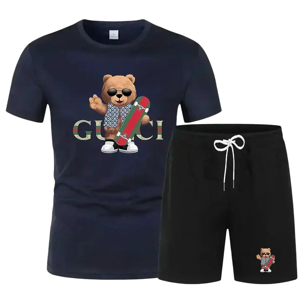 Navy blue quick dry men summer sportswear t-shirt with cartoon bear holding skateboard and gucci print