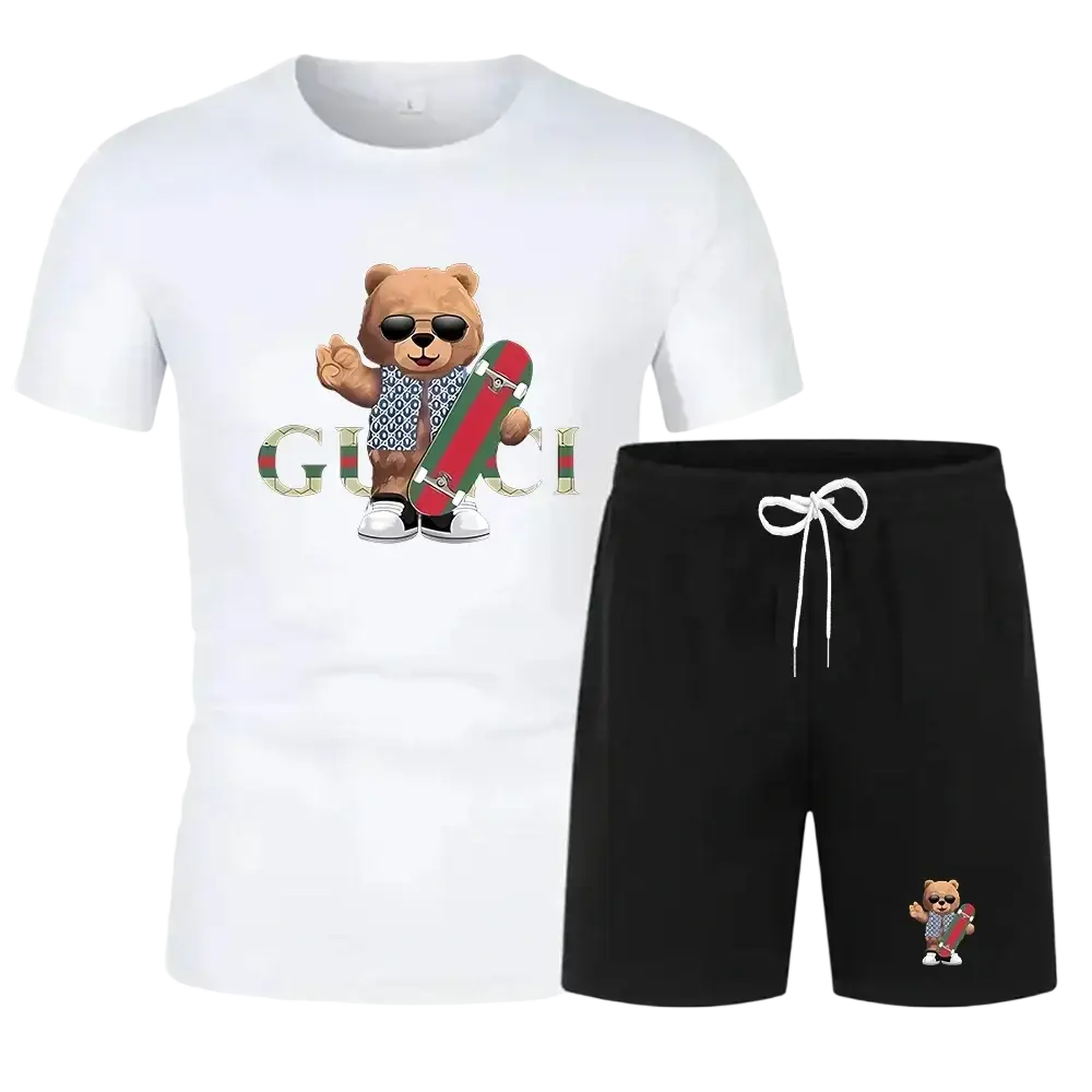 White quick dry men summer sportswear t shirt with cartoon bear sunglasses skateboard and gucci logo in green and red