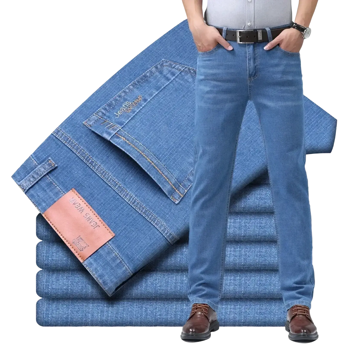 Men summer straight denim jeans business trousers in blue with classic straight-leg cut and visible stitching details