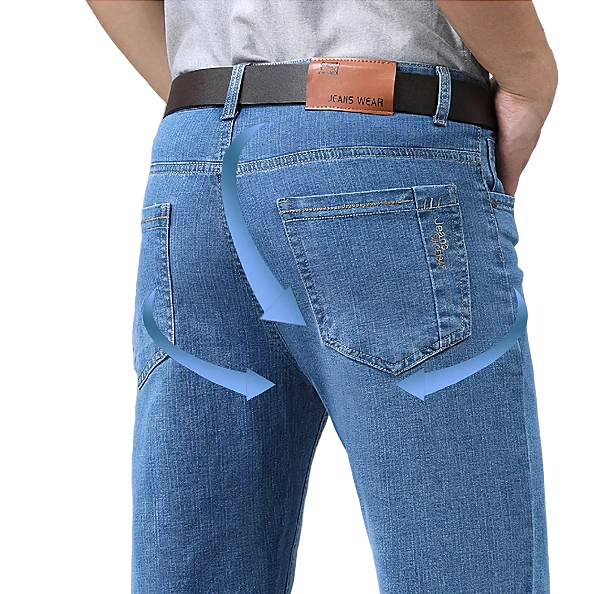 Men summer straight blue denim jeans with brown leather belt buckle labeled jeans wear for business trousers use