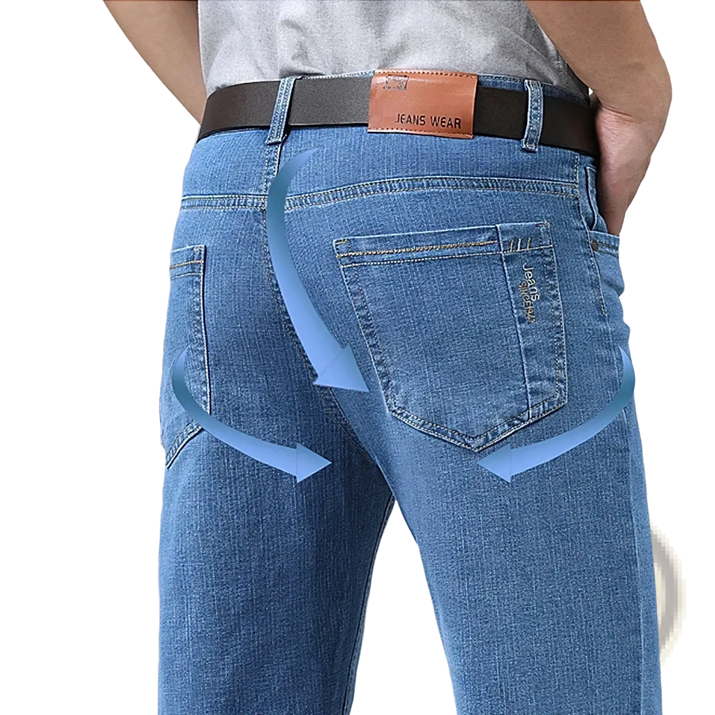 Men summer straight blue denim jeans with brown leather belt buckle labeled jeans wear for business trousers use