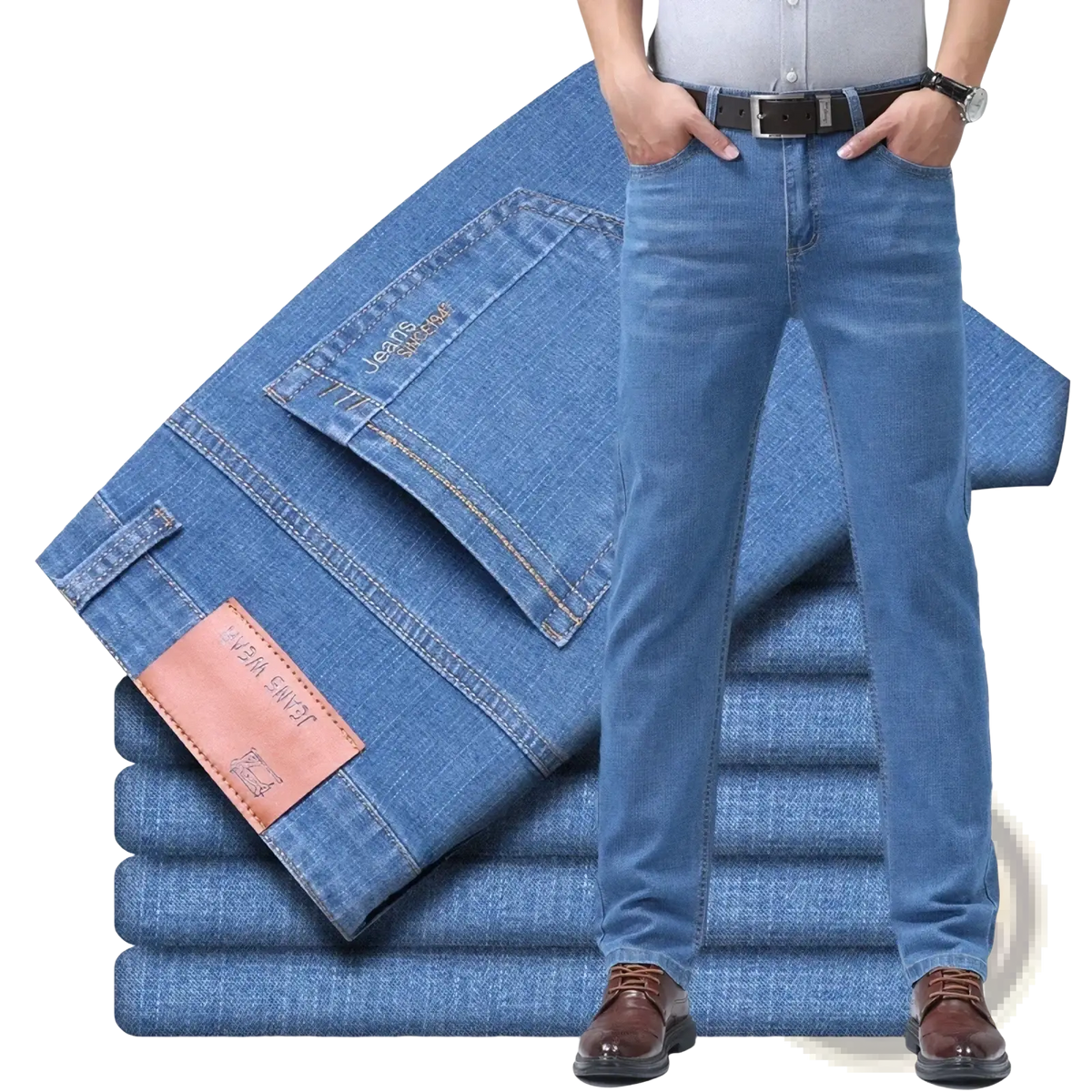 Men summer straight denim jeans in blue with a classic straight-leg cut and visible stitching details