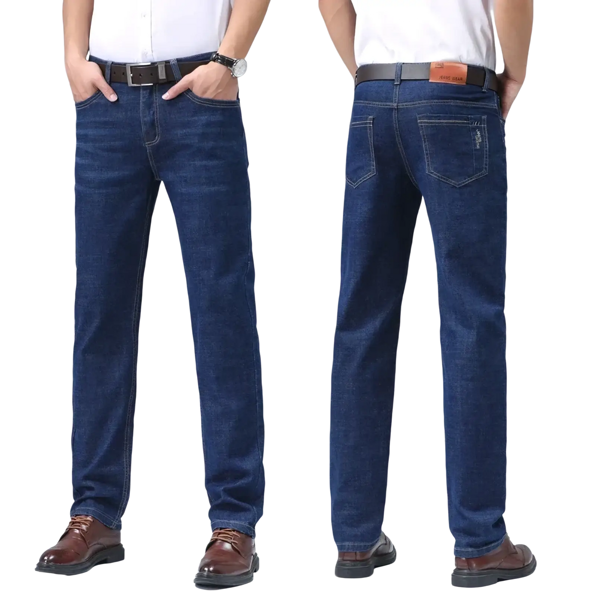 Men summer straight denim jeans in dark blue with classic straight-leg cut and brown leather belt loops