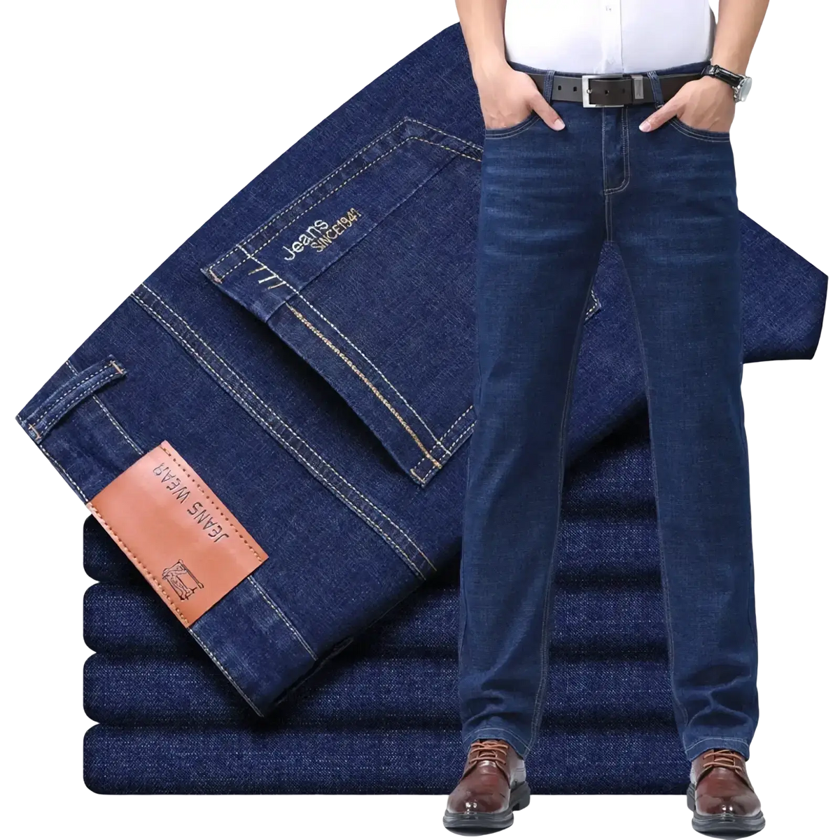 Dark blue denim jeans with a classic straight denim cut and visible stitching for men summer business trousers