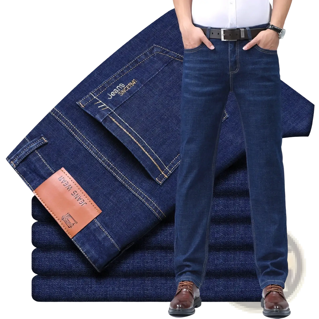 Dark blue denim jeans back side with classic straight-leg cut light stitching and brown leather brand patch for business use