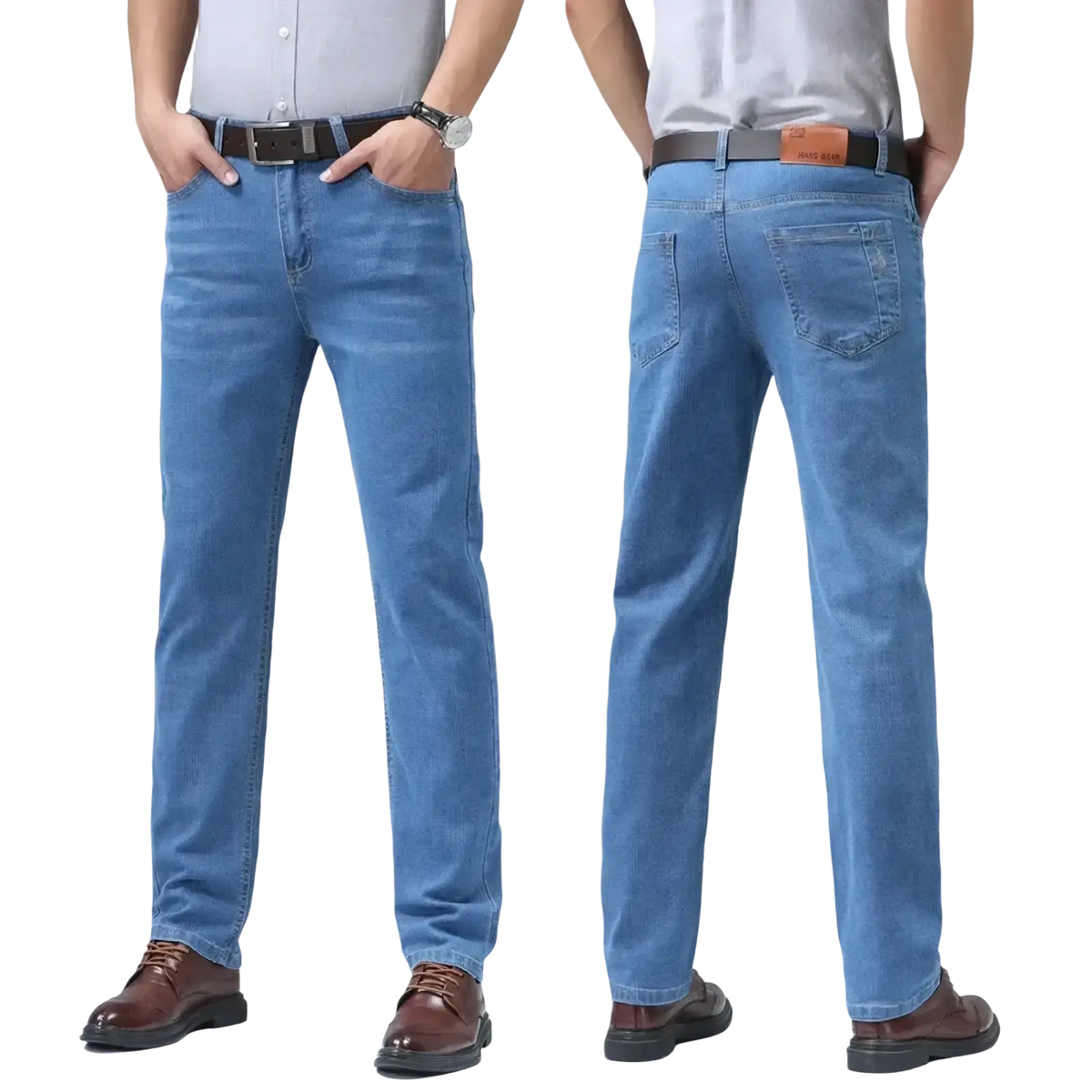 Light blue straight denim jeans with classic cut subtle fading belt loops and rear pockets for men summer business trousers