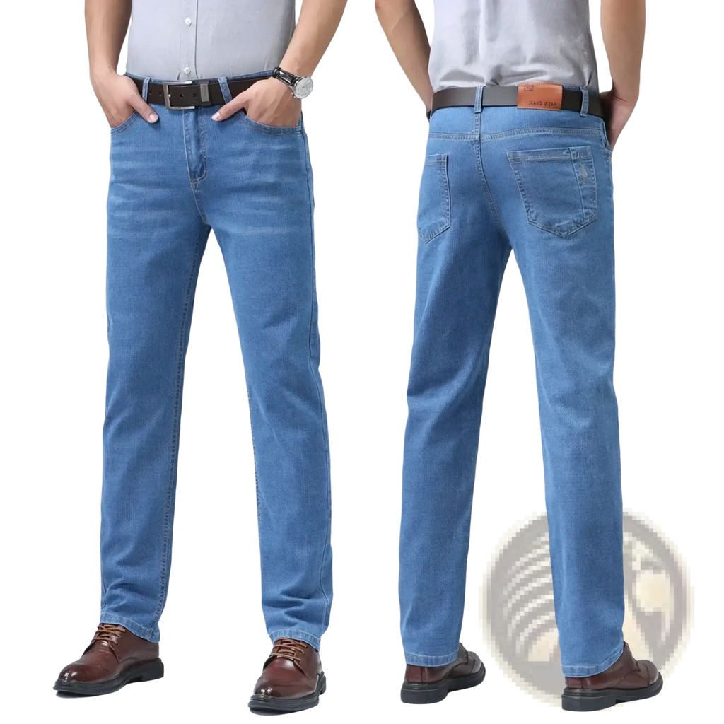 Light blue denim jeans for men with straight-leg cut and classic five-pocket design ideal for summer business wear