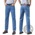Light blue denim jeans for men with straight-leg cut and classic five-pocket design ideal for summer business wear