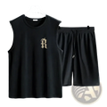 Men summer workout tank top set featuring a black sleeveless athletic top with gold embroidered r logo and matching shorts