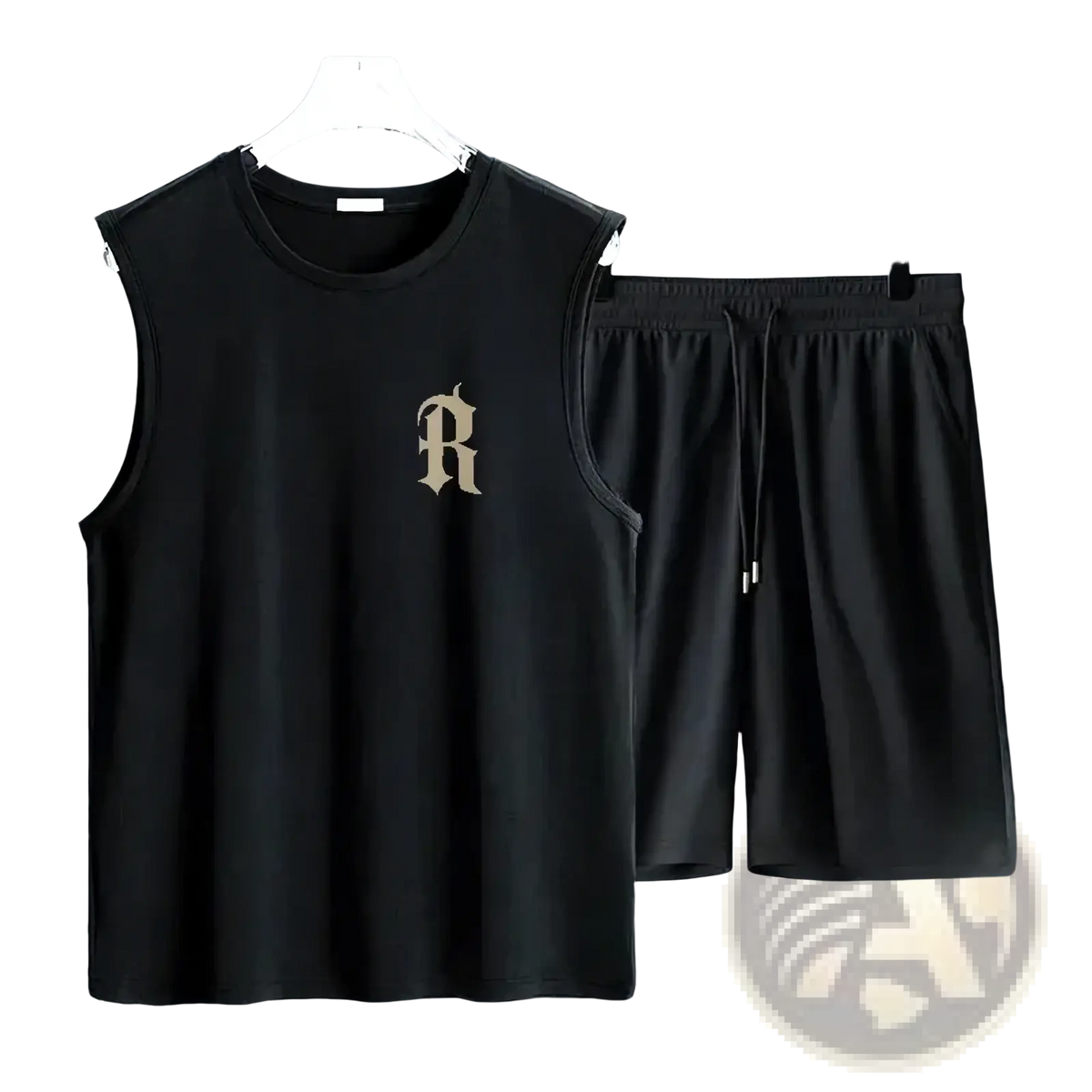 Men summer workout tank top set featuring a black sleeveless athletic top with gold embroidered r logo and matching shorts