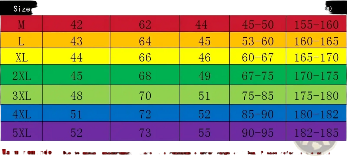 Colorful size chart displaying women’s clothing measurements in centimeters and kilograms from M to 5XL for men summer workout tank top set