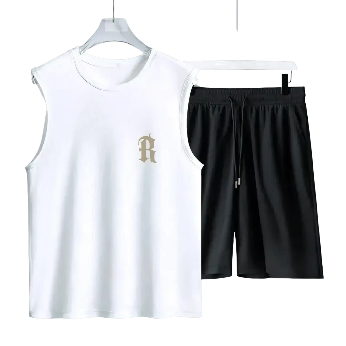 White sleeveless men summer workout tank top with gold embroidered r logo paired with black shorts set