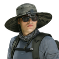 Camouflage-patterned men sun hat with mesh texture wide brim and attached camera mount for hiking use