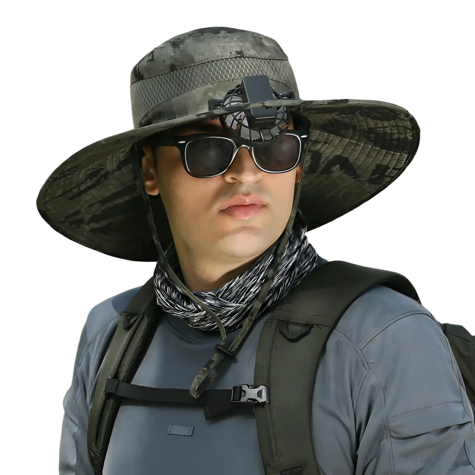 Camouflage-patterned men sun hat with mesh texture wide brim and attached camera mount for hiking use