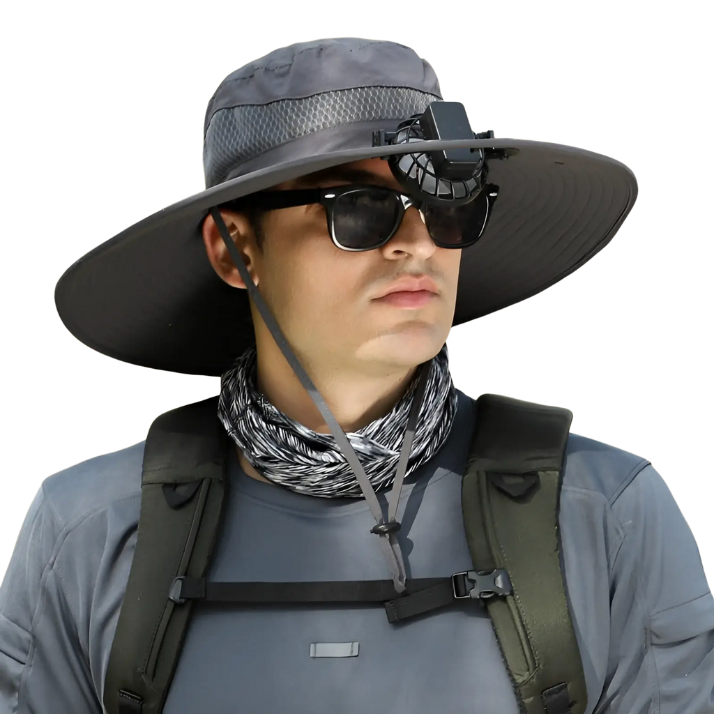 Dark gray men sun hat with wide brim mesh panel and attached camera mount for hiking and outdoor use