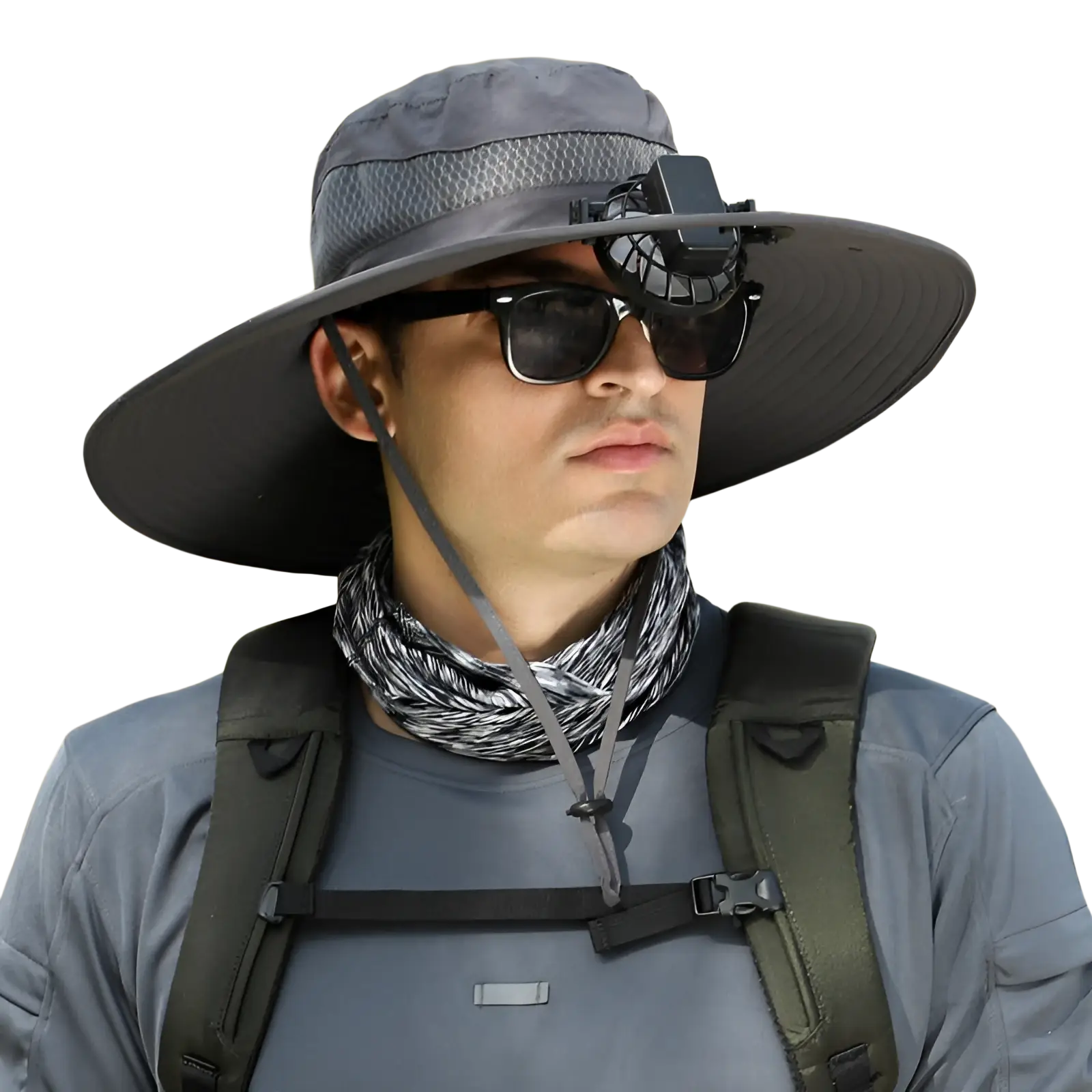 Dark gray men sun hat with wide brim mesh panel and attached camera mount for hiking and outdoor use